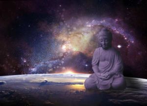 Buddha Statue with Earth, Galaxy, Stars and Sacred Geometry Symbol